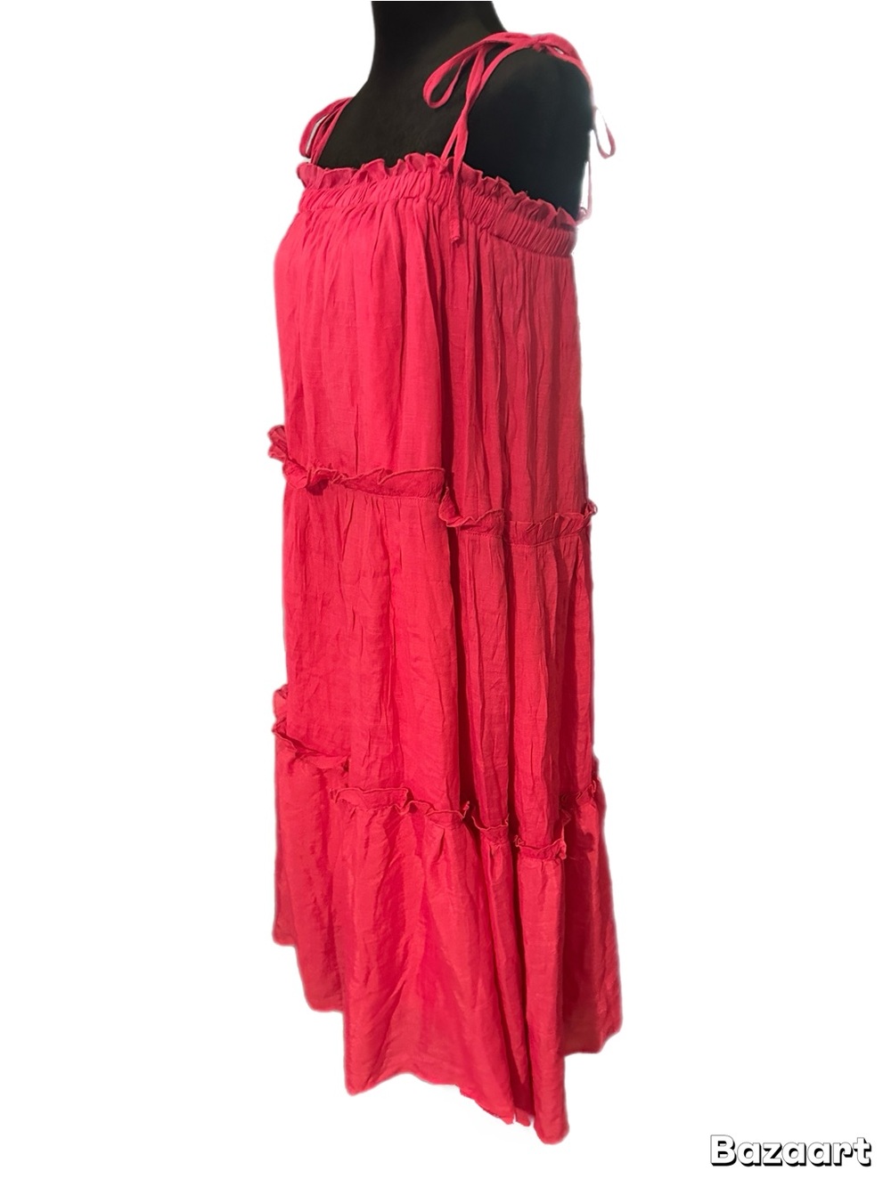 Tiered Tie-Shoulder Midi Dress Magenta Pink size Small